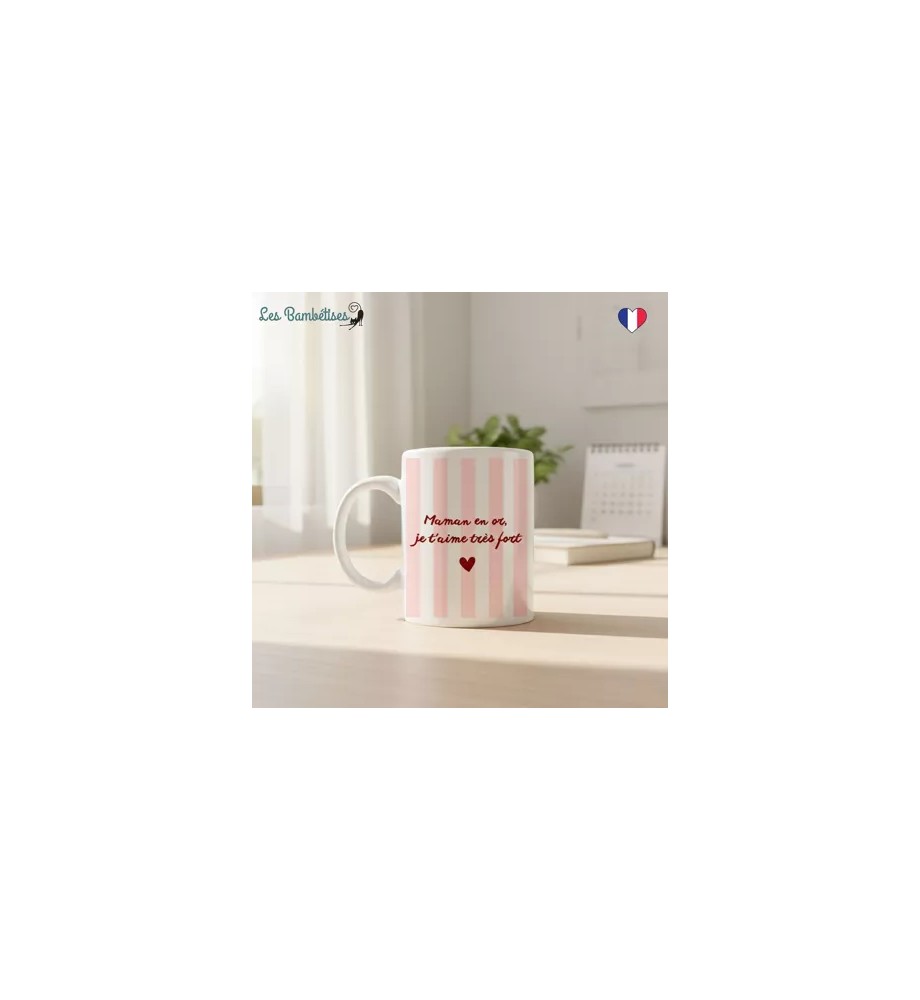 MUG MAMAN EN OR RAYURES ROSE